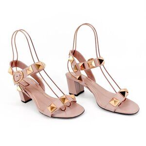Valentino Rockstud Roman Stud Sandals Beige Leather Block Heels Size 37 US 7